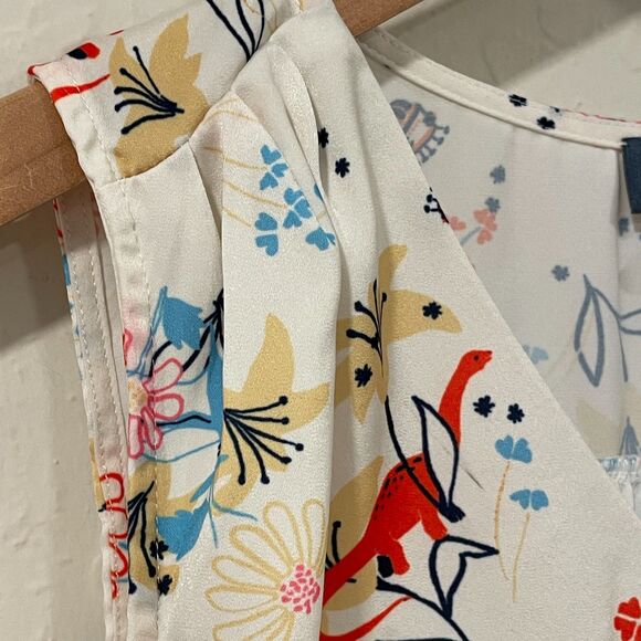 ~ ModCloth Sm Blouse Sleeveless Vneck Floral/Dinos/UFOs/Planets/Rockets Ltweight - Picture 5 of 14